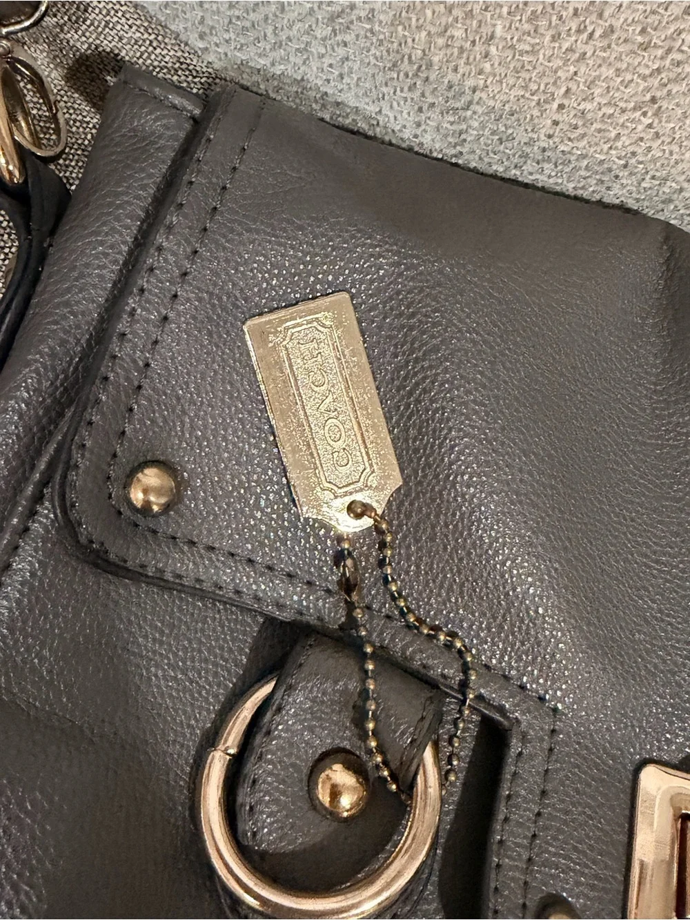Gray Leather Shoulder Bag with Gold Hardware